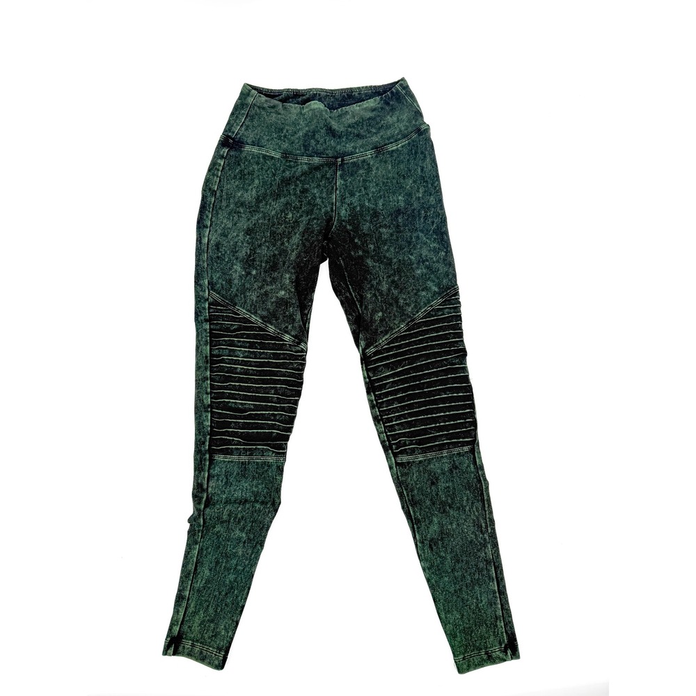 Zenana Leggings Women Small Green Acid Wash Moto Ribbed Knee High Waist 0092
